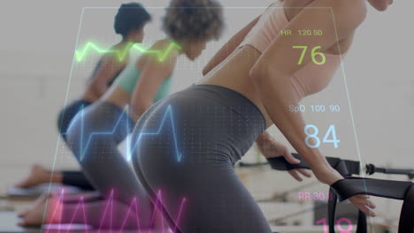 heart rate and fitness data animation over women exercising in gym