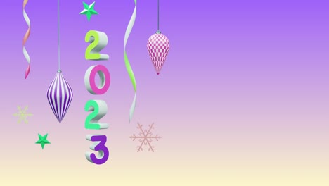 Animation-of-2023-number-over-new-year-and-christmas-decorations-on-purple-background