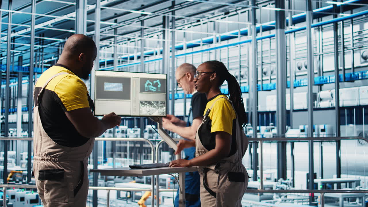 Industry 4.0 solar panels plant engineers work together to develop prototypes