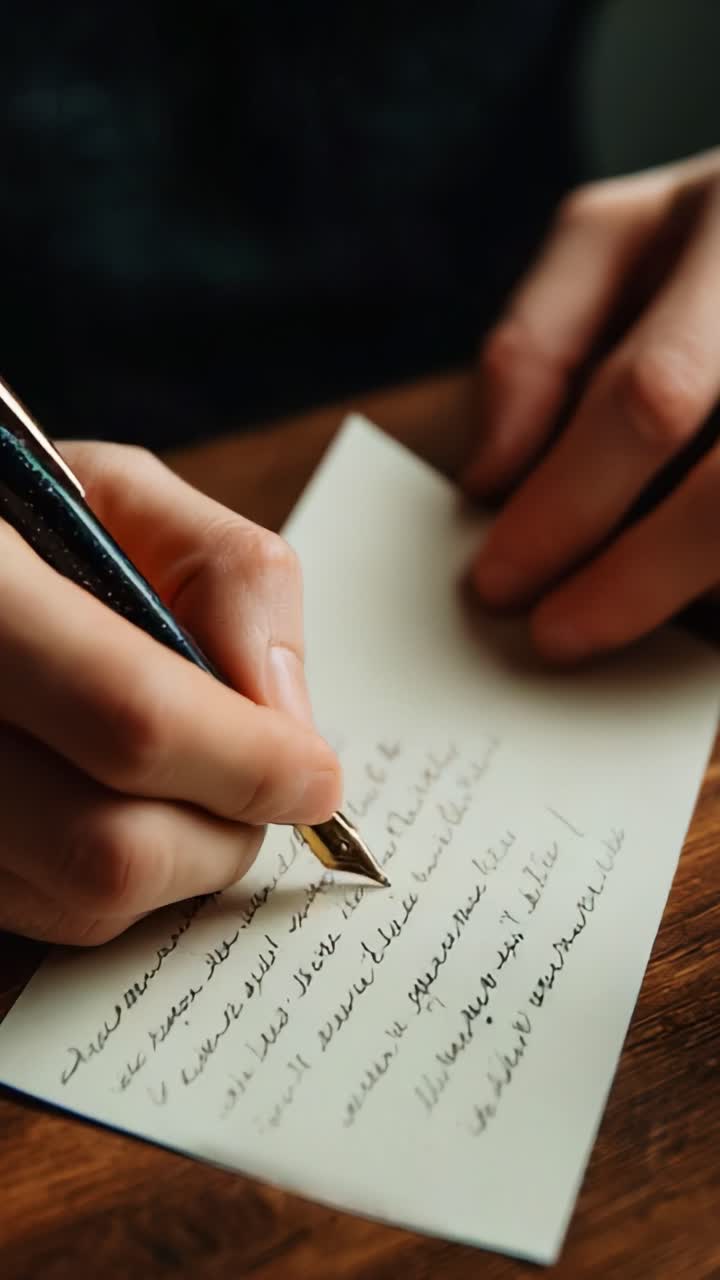 A Close-Up View of a Hand Writing Thoughtful Words on a Blank Card with a Fountain Pen, Capturing the Art of Letter Writing and Personal Expression in a Cozy Setting