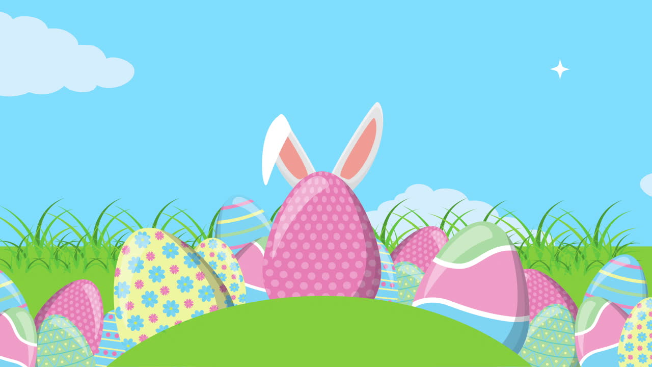 happy easter animated card with eggs painted in the field