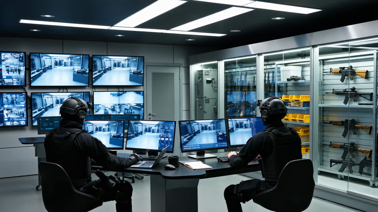 A high-tech control room with surveillance and security personnel