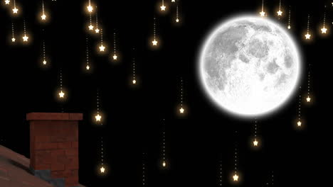 animación de paisaje navideño de invierno con chimenea, estrellas cayendo y luna