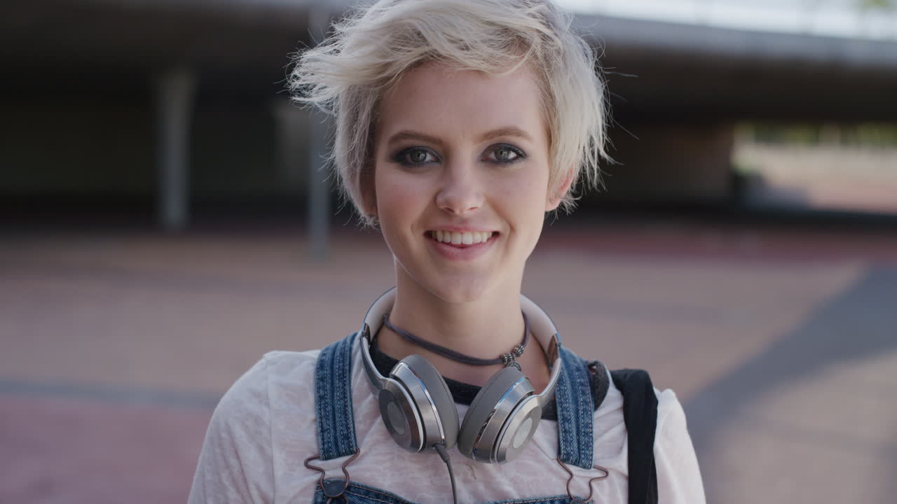 초상화 자신감 있는 젊은 여성 학생 미소 행복한 편안한 라이프 스타일을 즐기는 아름다운 트렌디한 여자 도시 배경