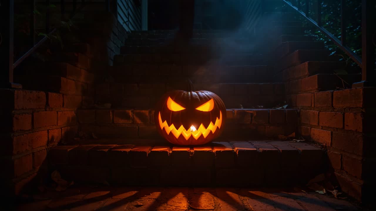 A Spooky Halloween Scene Featuring a Grinning Jack-o'-Lantern Illuminated on Stairs, Creating an Eerie Atmosphere Surrounded by Fog and Night Shadows