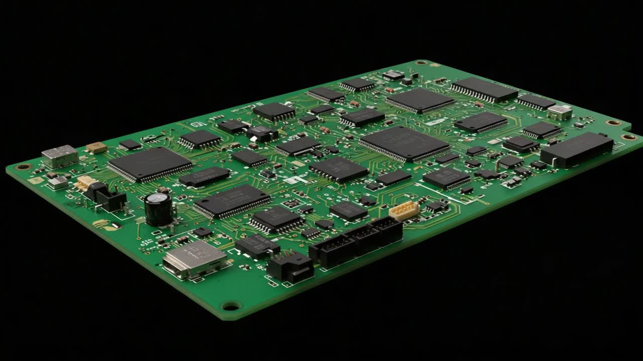 Detailed View of a Modern Printed Circuit Board Featuring Microchips, Connectors, and Electronic Components on a Green Substrate with Dark Background