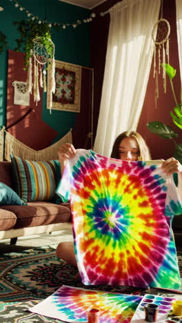 girl tie-dyeing shirt at home