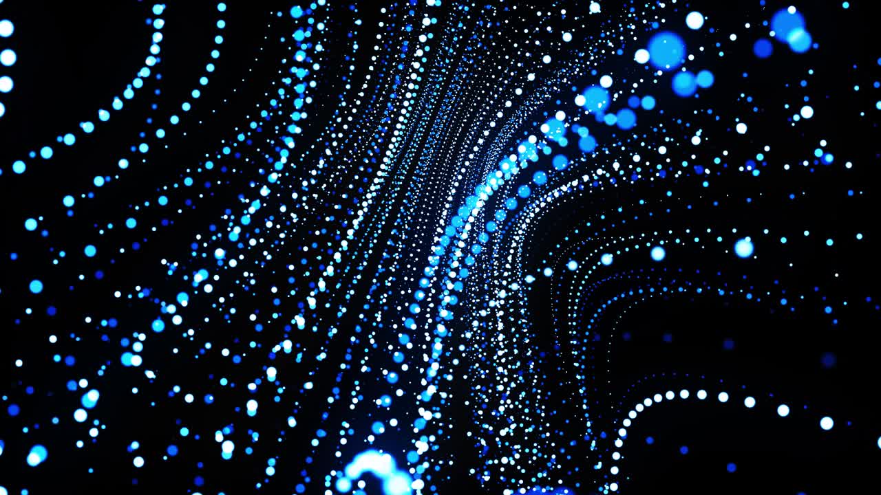 abstract 3d loop background with glowing particles lined up in curved lines in 3d space. Festive vj loop with blue particles and smooth animated camera. Motion design background
