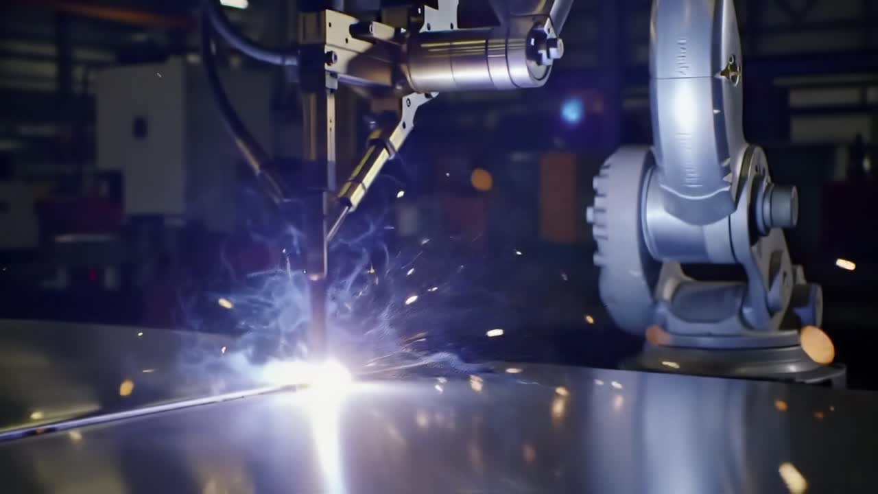 Automated Welding Process Showcasing Precision and High-Efficiency Operation of Robotic Arm in a Manufacturing Environment with Dynamic Sparks and Arcs