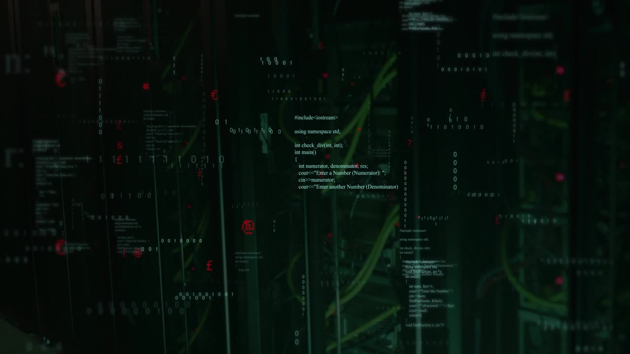 Code blocks fading in initiating data streams flashing red dots across cables powering network scan