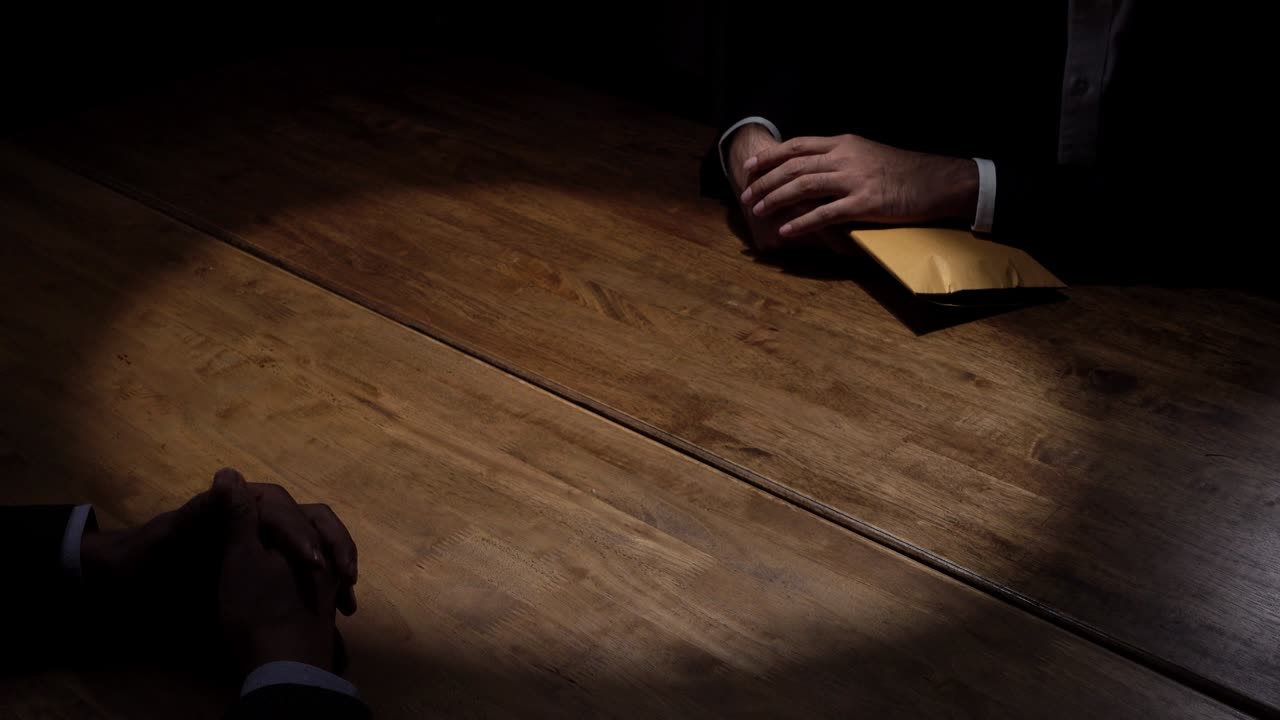un hombre de negocios rechazando el dinero en un sobre de su socio en una habitación oscura.