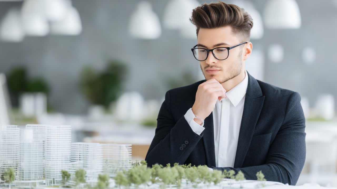 Thoughtful Young Professional Analyzing Architectural Models in Modern Office Environment, Deep in Contemplation Over Innovative Design Concepts and Future Projects