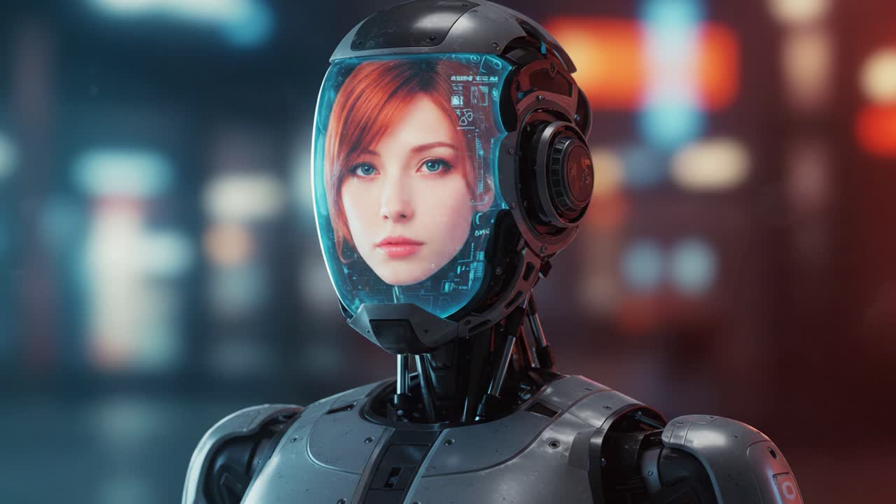 Futuristic android with a digital display face showcases advanced AI technology, blending human-like features with robotic design in a vibrant, neon-lit environment