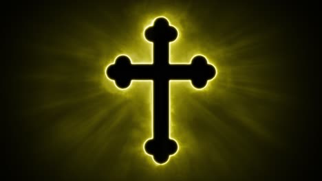 uplifting and deeply inspiring reveal animation of an ornate and holy golden christian crucifix cross, in a smoky mystical glow and emating shining god rays and light beams, on a black background