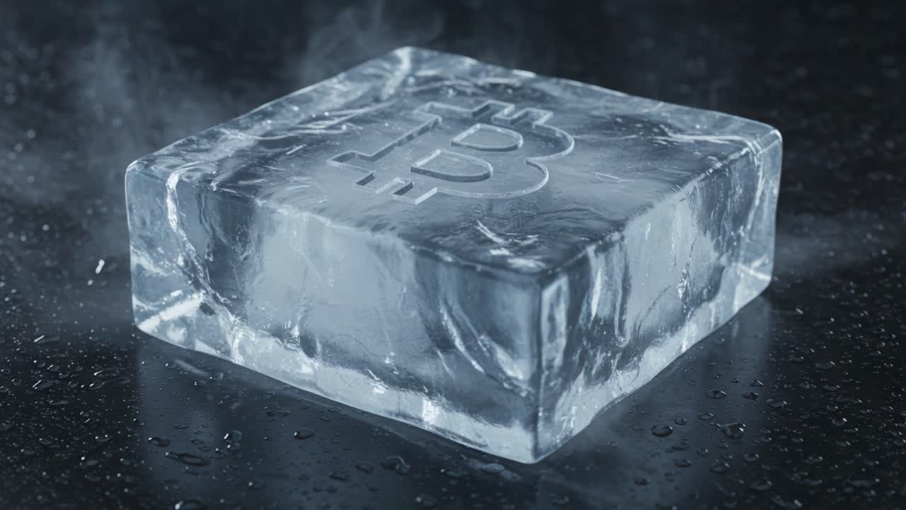 A striking visual of a Bitcoin logo embedded in a block of ice, showcasing the interplay of cryptocurrency and nature's elements in a captivating and dynamic composition