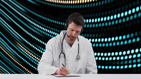 male medical doctor wearing headset writing on clipboard at desk, with animated turquoise led grid