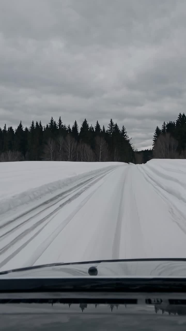 POV video angle from a car driving on a snowy road, capturing the serene winter landscape