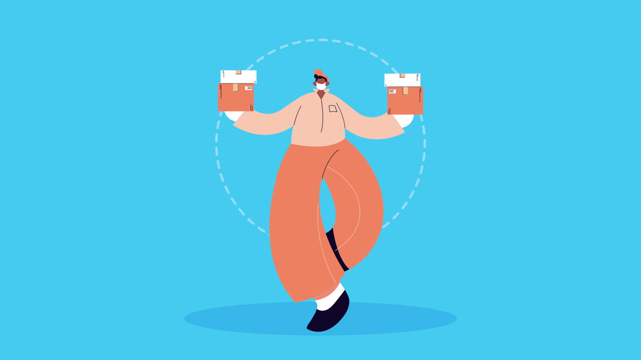 상자 애니메이션을 가진 배달 서비스 노동자