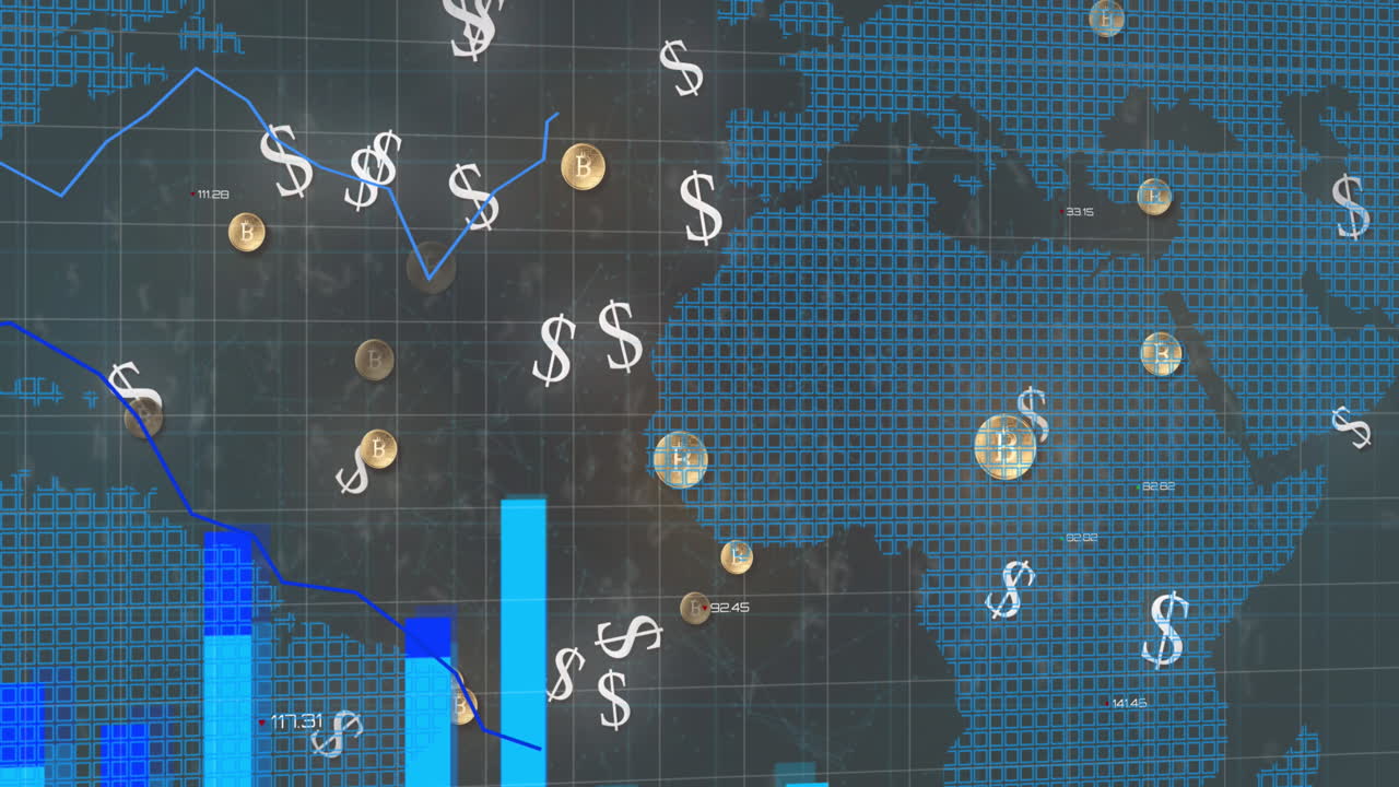 Animación de signos de dólar americano y estadísticas de líneas azules con un mapa mundial.