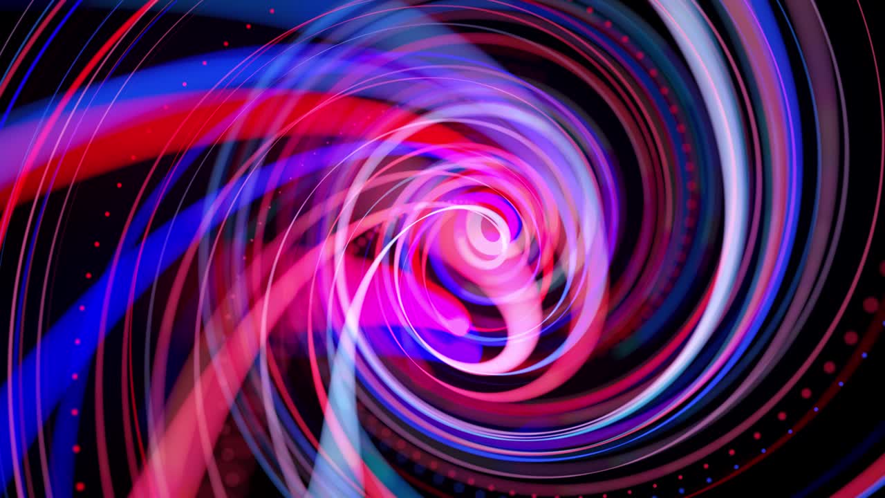 Light streaks form spiral, bg in 4k. Abstract looped background with light trails, stream of red blue neon lines in space move to form looped spiral shapes. Modern trendy motion design bg.
