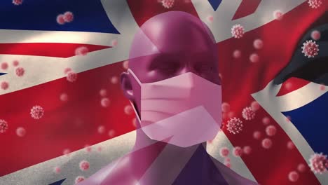 bandera británica ondeando contra las células de covid-19 sobre la cabeza humana modelo con máscara facial
