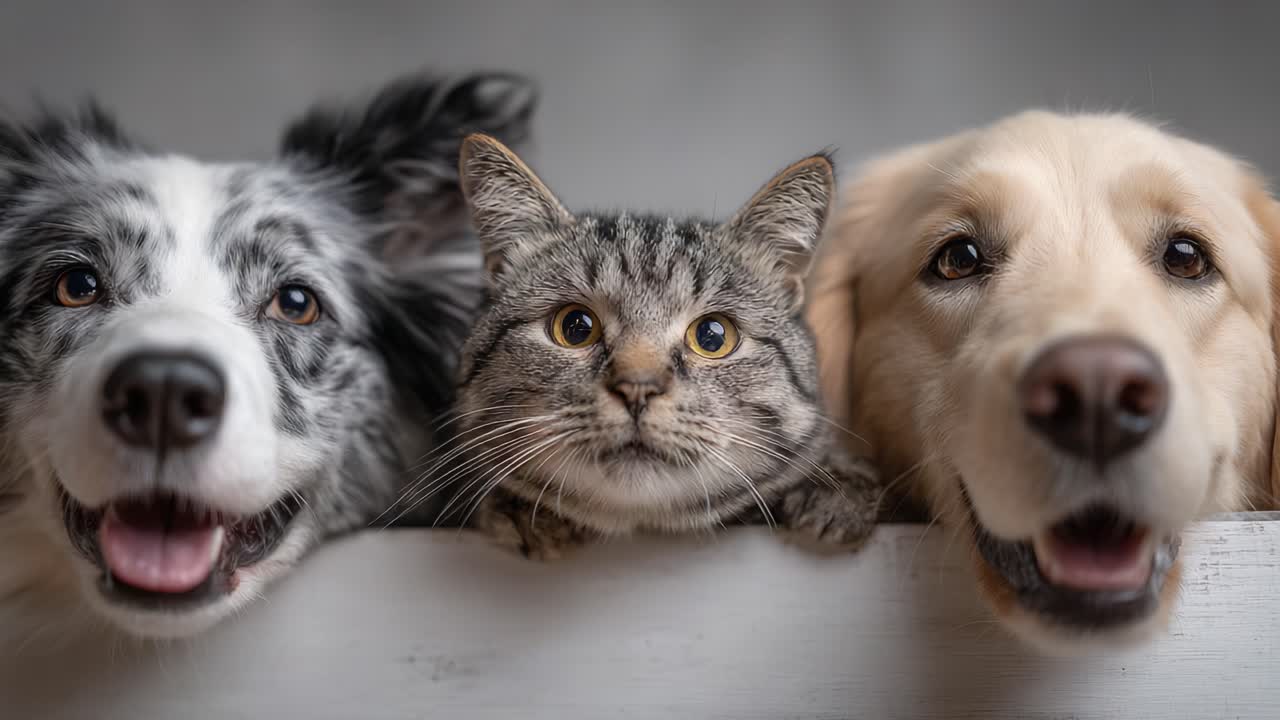 A Heartwarming Trio: Joyful Dogs and a Cat Posing Together, Showcasing Unbreakable Bonds of Friendship and Affection Among Pets
