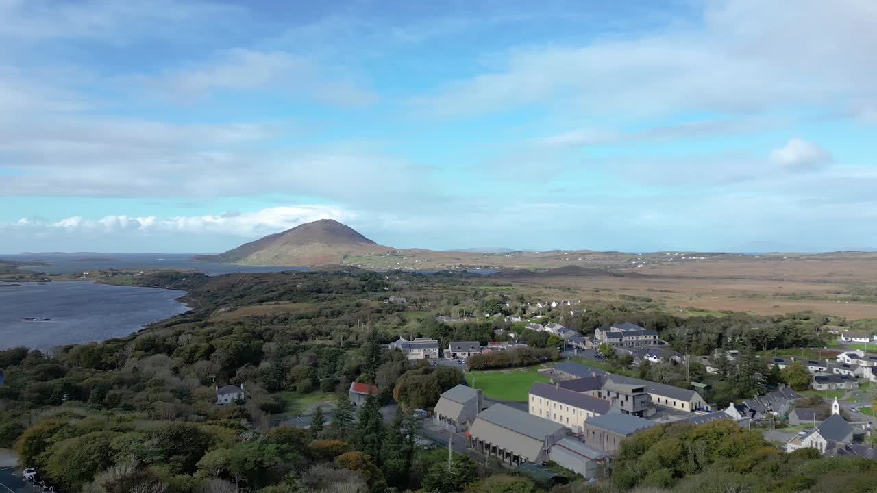 A panoramic view of Connemara National Park's visitor center and surrounding area in Galway County, Ireland