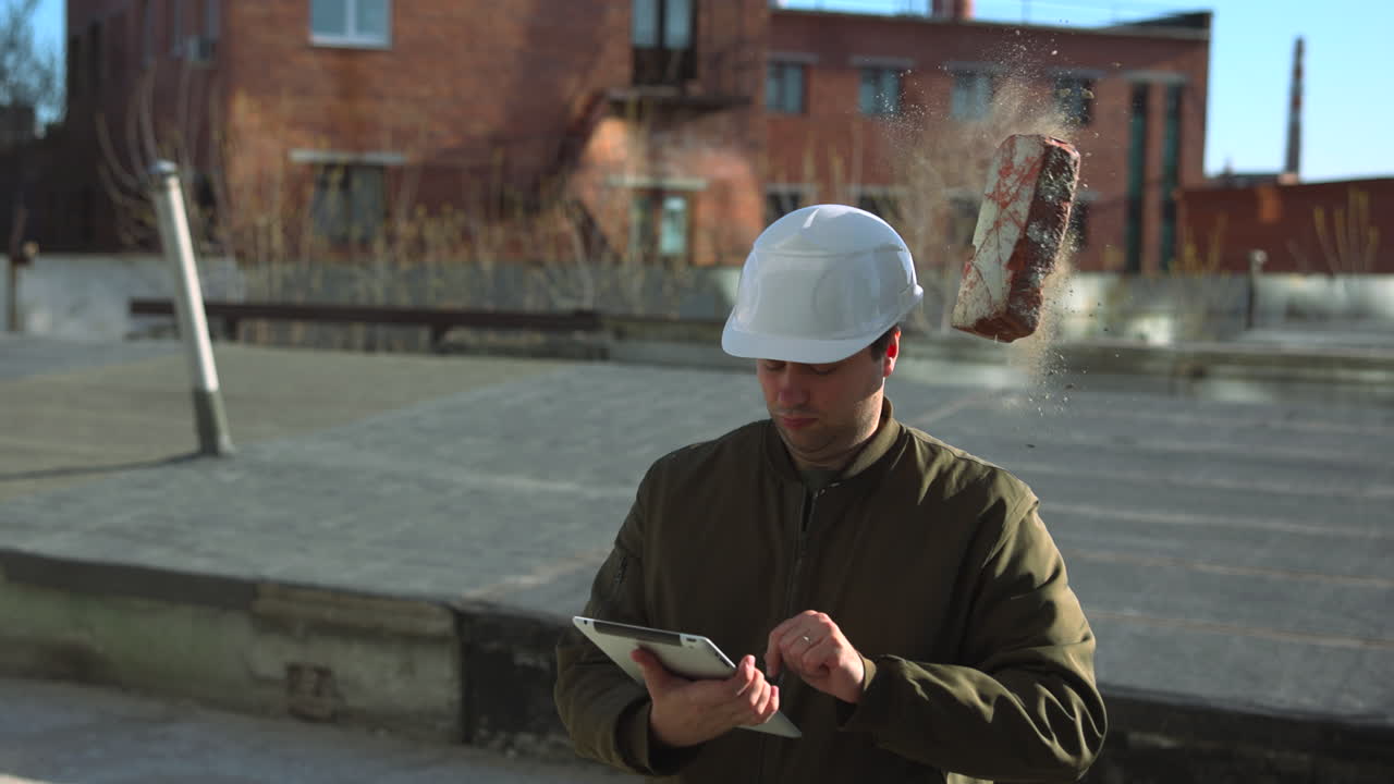 White Site Manager Documenting Inspection Tablet On Rooftop, Methodical Note Taking, Reviewing Maintenance