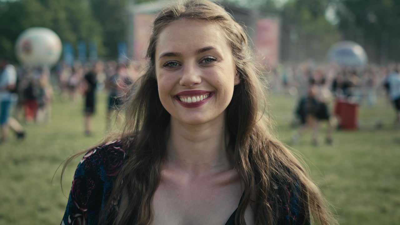 Ritratto di giovane donna caucasica sorridente a un festival musicale.