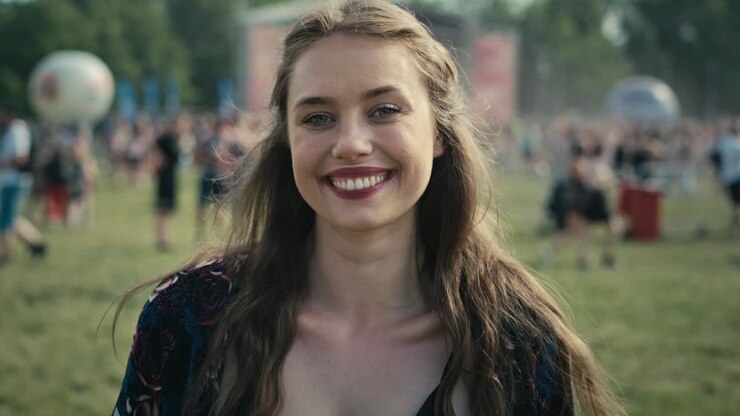 Ritratto di giovane donna caucasica sorridente a un festival musicale.