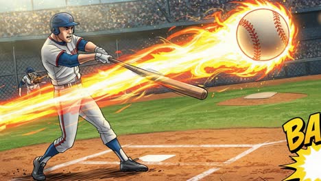 dynamic action of a player hitting a baseball with flames emanating from the bat, capturing the excitement and intensity of a baseball game atmosphere