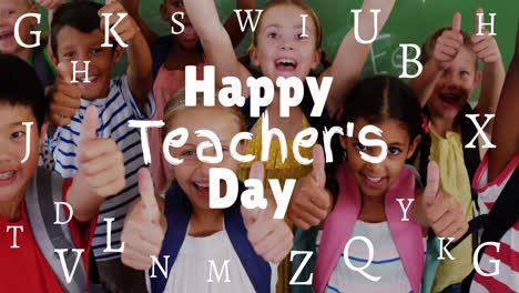 Animation-of-happy-teachers-day-text-over-diverse-schoolchildren-smiling