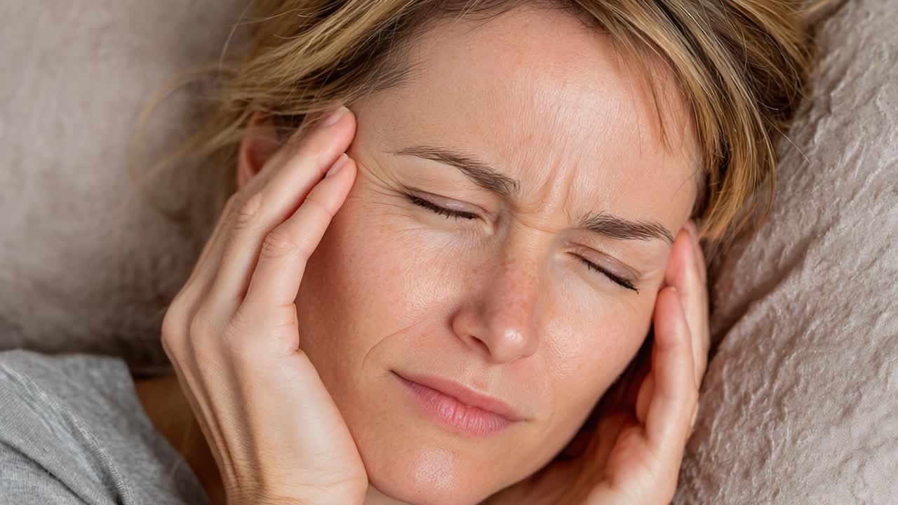 A woman experiences discomfort, expressing pain through her facial expressions while resting in a soft environment, highlighting the contrast of tranquility and distress