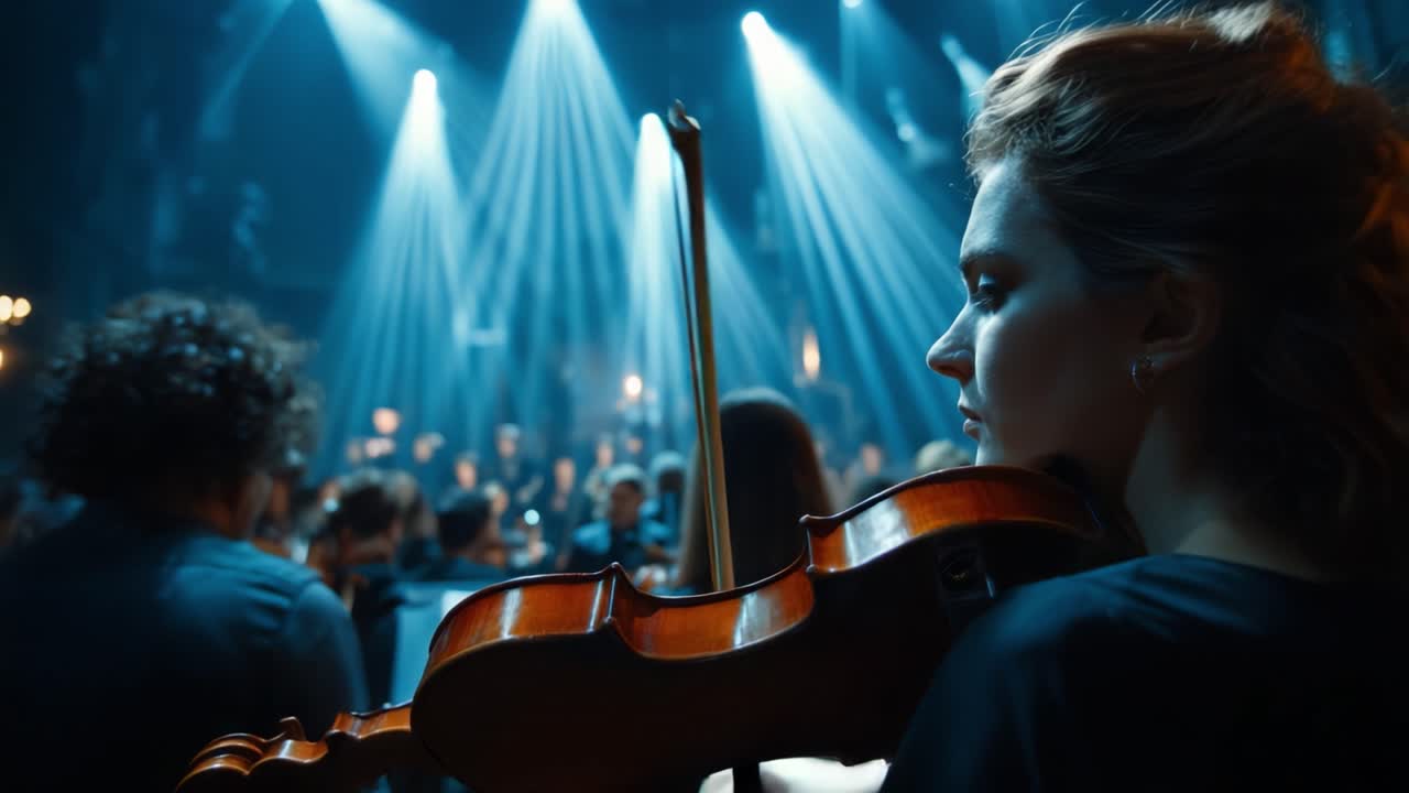 Eine fesselnde Orchesteraufführung, die einen talentierten Geiger mit dramatischer Beleuchtung präsentiert, welche die Atmosphäre eines klassischen Konzerts verstärkt.
