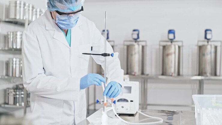 laboratory assistant prepare instrument for chemical experiment in lab