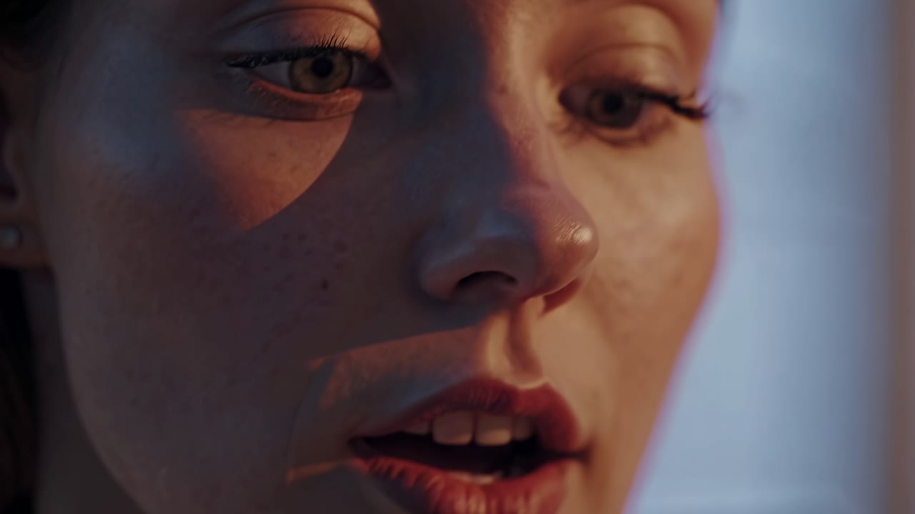 Close-up side angle of a person's mouth speaking, capturing a soft, warm light