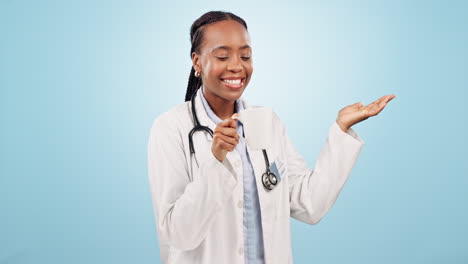 Doctor,-woman-and-coffee-in-studio-with-smile