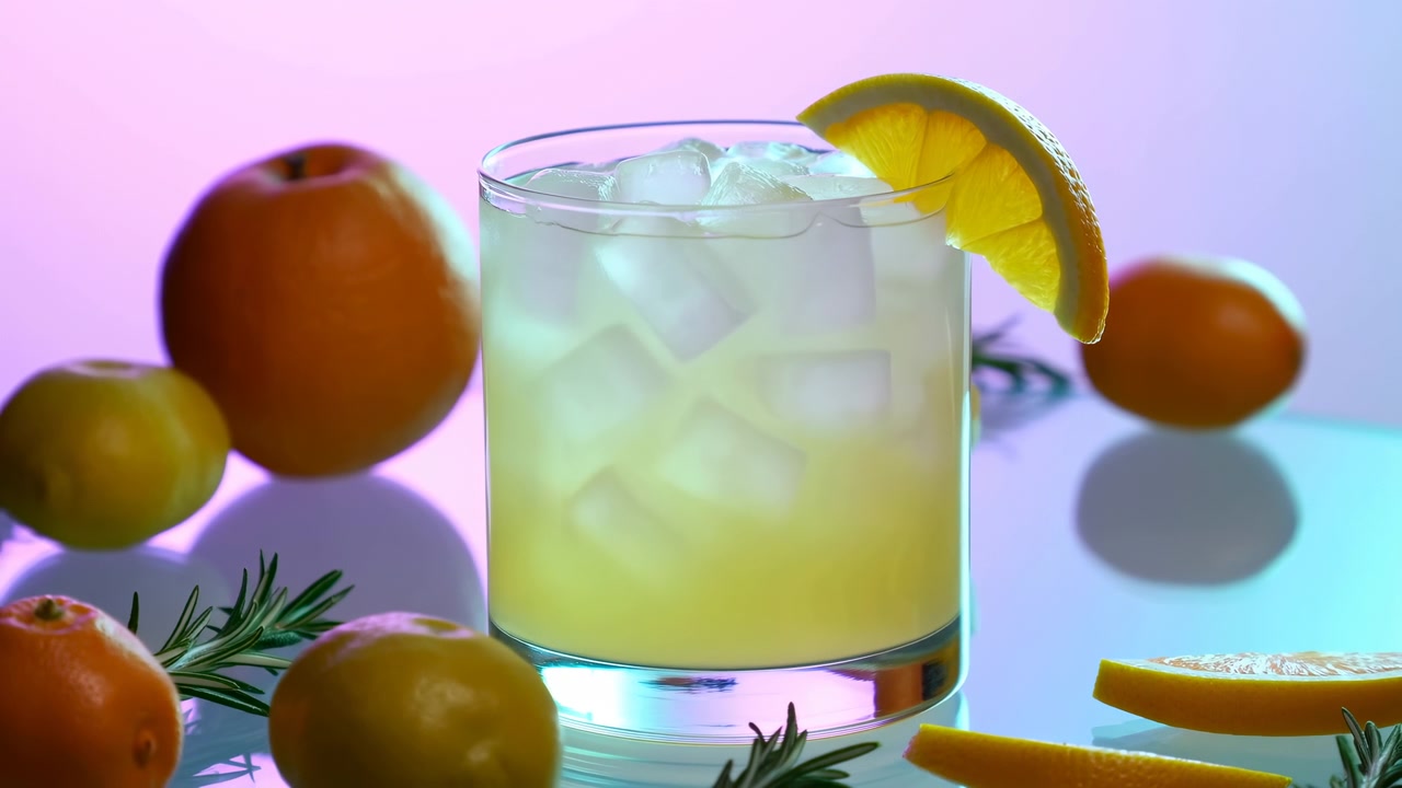 Cocktail agli agrumi illuminato al neon con ghiaccio, primo piano che mostra un bicchiere lowball, guarnizione con fetta d'arancia, mandarini e rosmarino