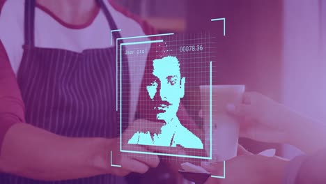 animación de procesamiento de datos con retratos de personas sobre hombre biracial sirviendo café