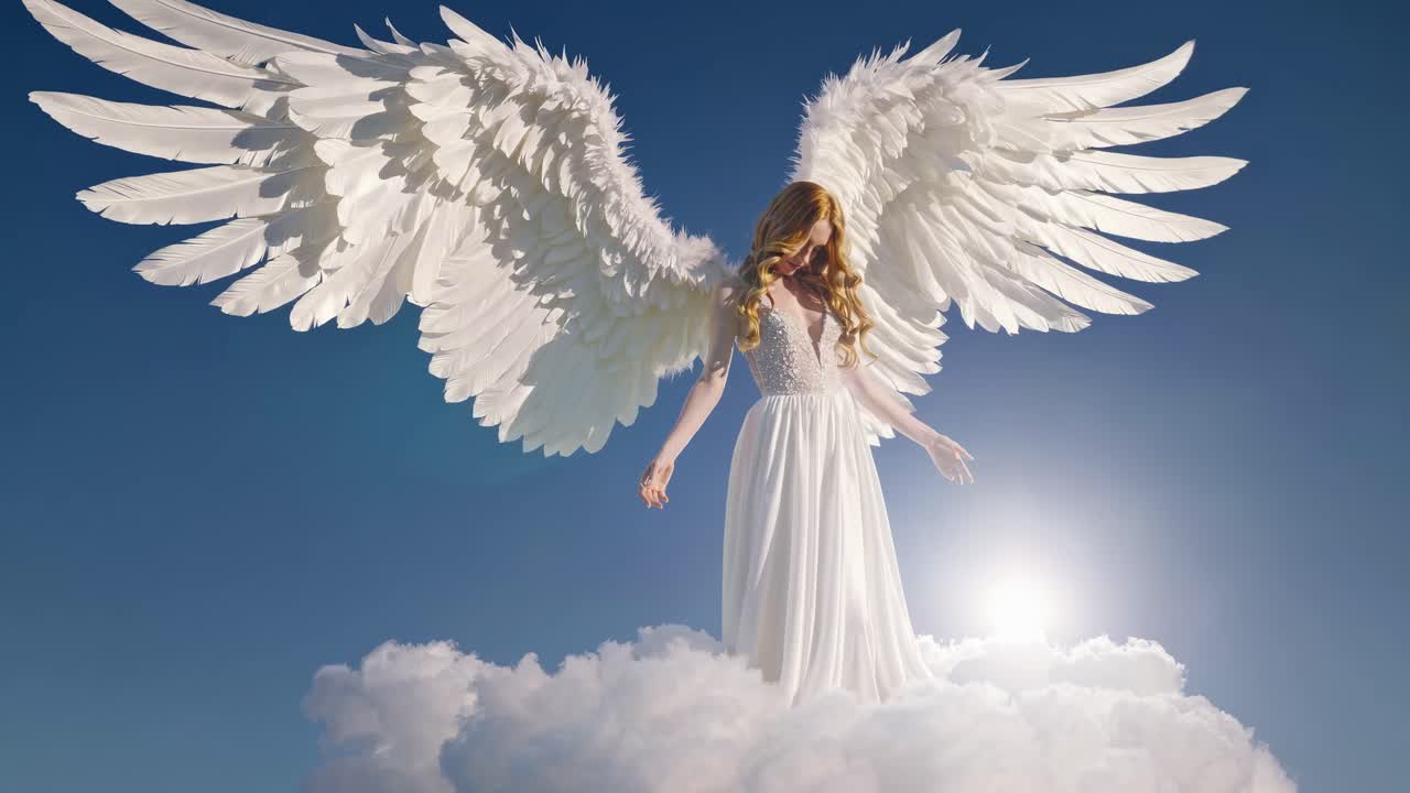 Aerial view of an angelic figure with large wings standing on clouds, set against a clear blue sky