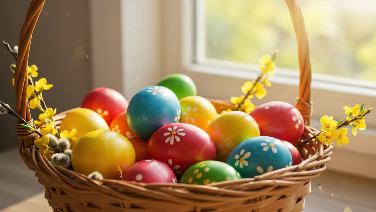 A Vibrant Collection of Easter Eggs in a Basket Adorned with Flowers, Capturing the Spirit of Spring Festivities and Joyful Celebrations in a Cozy Setting