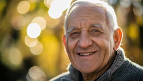 elderly gentleman radiating happiness while basking in warm sunlight, surrounded by verdant foliage and experiencing peaceful moments during retirement