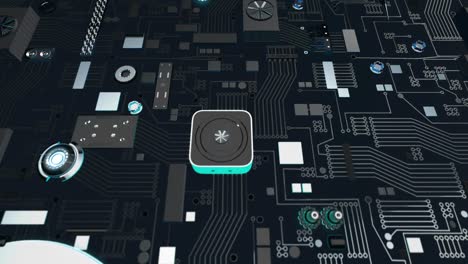 placa de circuitos futurista metálica azulada con el icono de la calavera