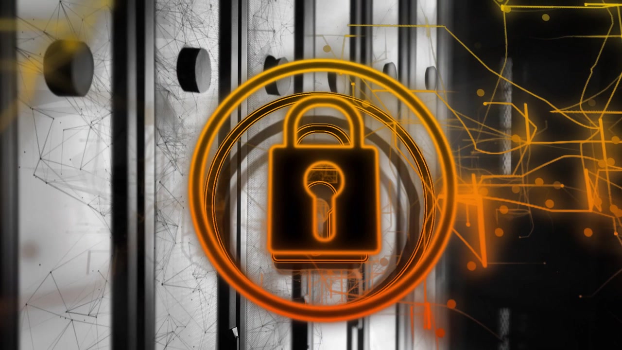 Animating neon padlock and rings over rack panel, padlock outline initiating glow signaling lock