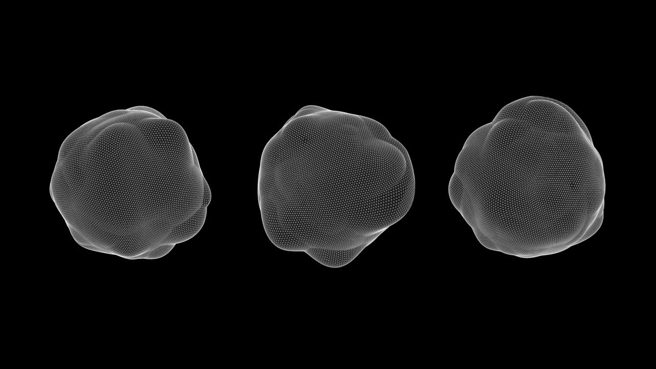 Three deformed spheres. Black background, white grid. Abstract animation, 3d render.