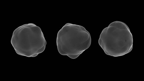 tres esferas deformadas. fondo negro, cuadrícula blanca. animación abstracta, renderizado en 3d.
