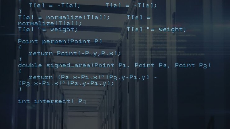 At scene start C++ overlay scrolling over data center corridor showing network geometry functions