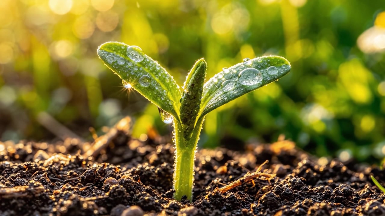 A Vibrant Green Seedling Emerging from Rich Soil, Adorned with Dew Drops, Symbolizing New Life and Growth Under the Warm Glow of Sunlight