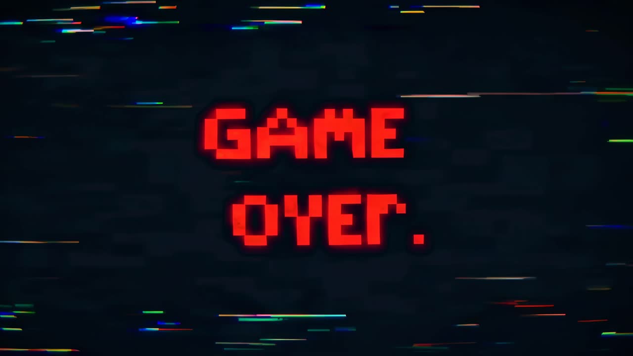 Retro video game screen with 'Game Over' in red pixelated text