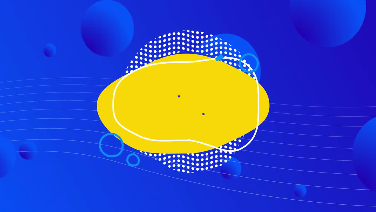 Yellow abstract shape with dots and lines animating over blue background with circles